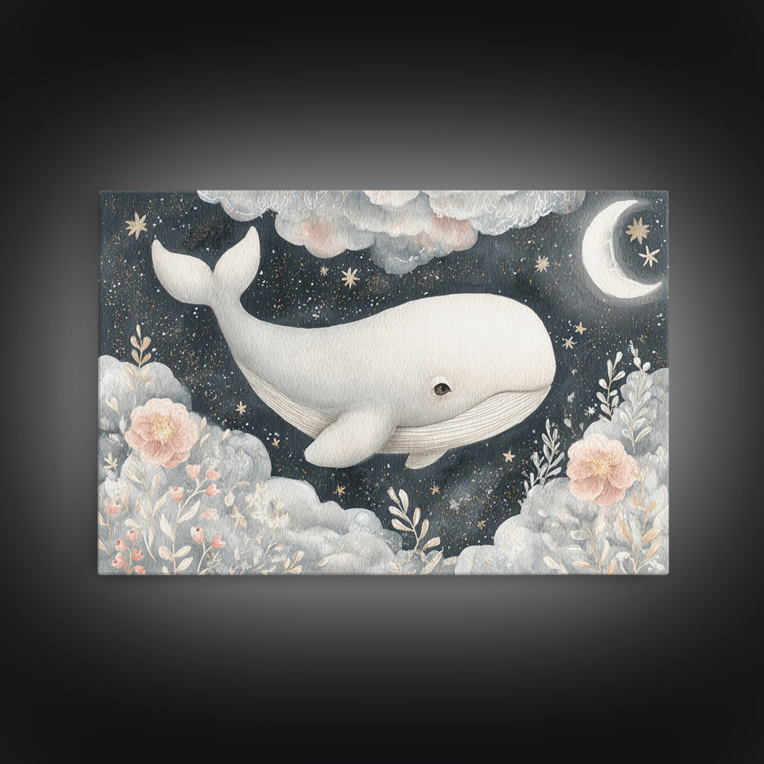 Baby Whale Swimming Through Stars Canvas Print, Nursery Decor, Wall Decor, Fine Art, Nursery, Woodland Nursery Decor, NDE-3x2-84