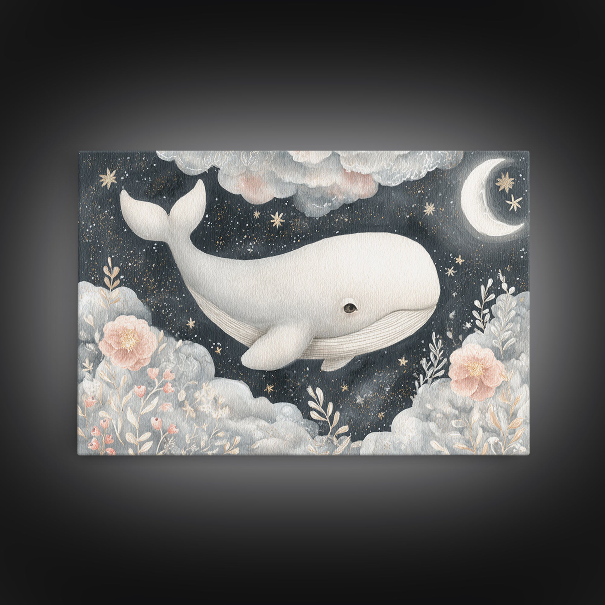 Baby Whale Swimming Through Stars Canvas Print, Nursery Decor, Wall Decor, Fine Art, Nursery, Woodland Nursery Decor, NDE-3x2-84