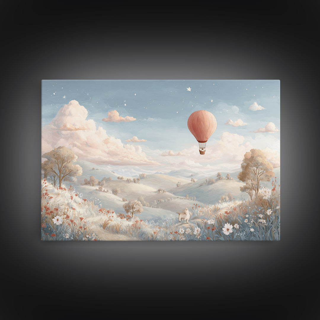 Hot Air Balloon Drifting Canvas Print, Nursery Decor, Art Print, Fine Art, Nursery, Woodland Nursery Decor, Nursery Prints, NDE-3x2-88
