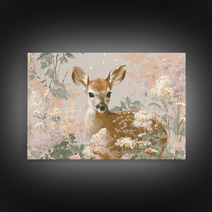 Baby Deer in Meadow with Fireflies Canvas Print, Nursery Decor, Nursery Wall Decals, Oil Painting, Nursery, Textured Painting, NDE-3x2-98