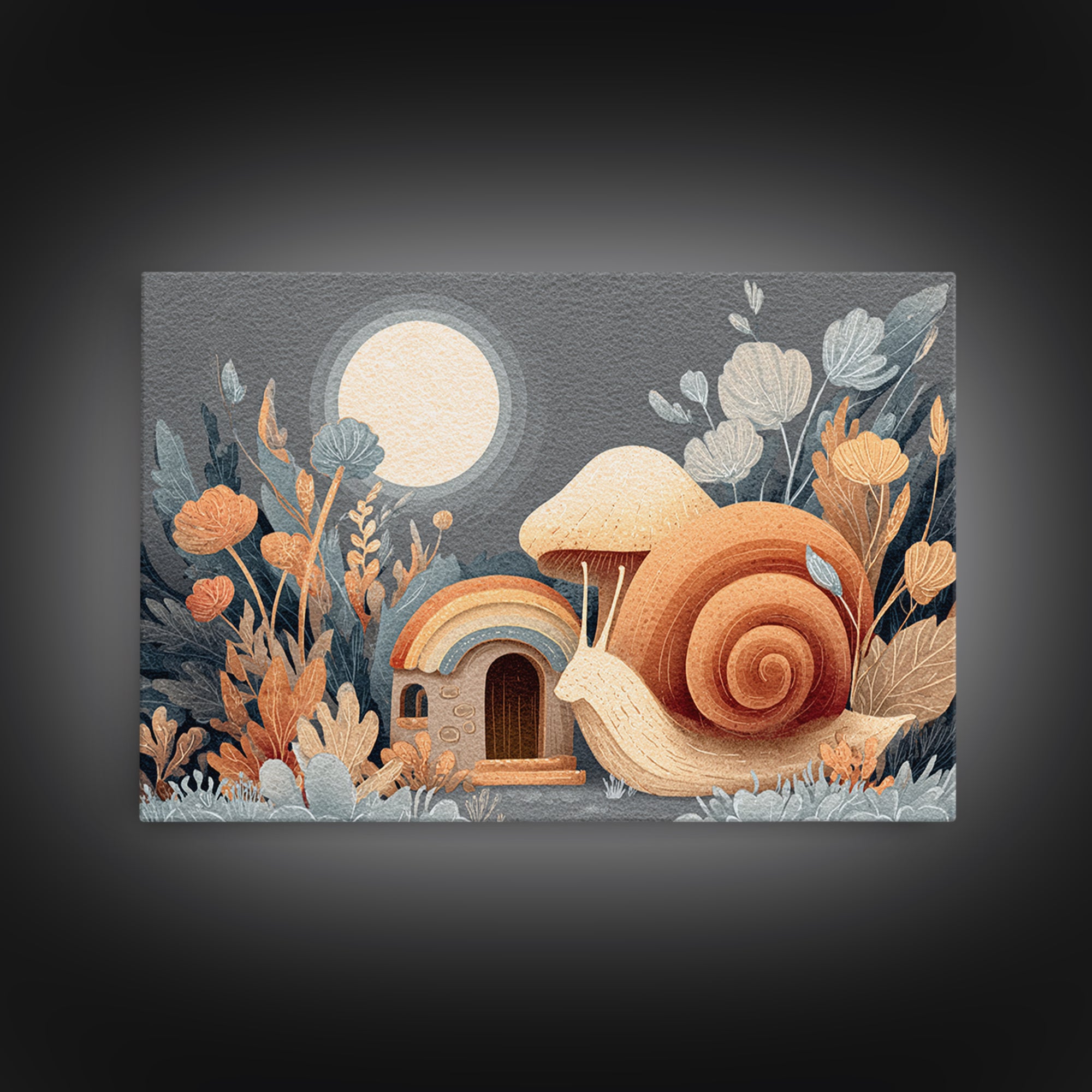 Garden Snail with Mushroom House Framed Canvas Print, Nursery Decor, Nursery, Fine Art, Nursery, Baby Girl Nursery Decor, NDE-3x2-99