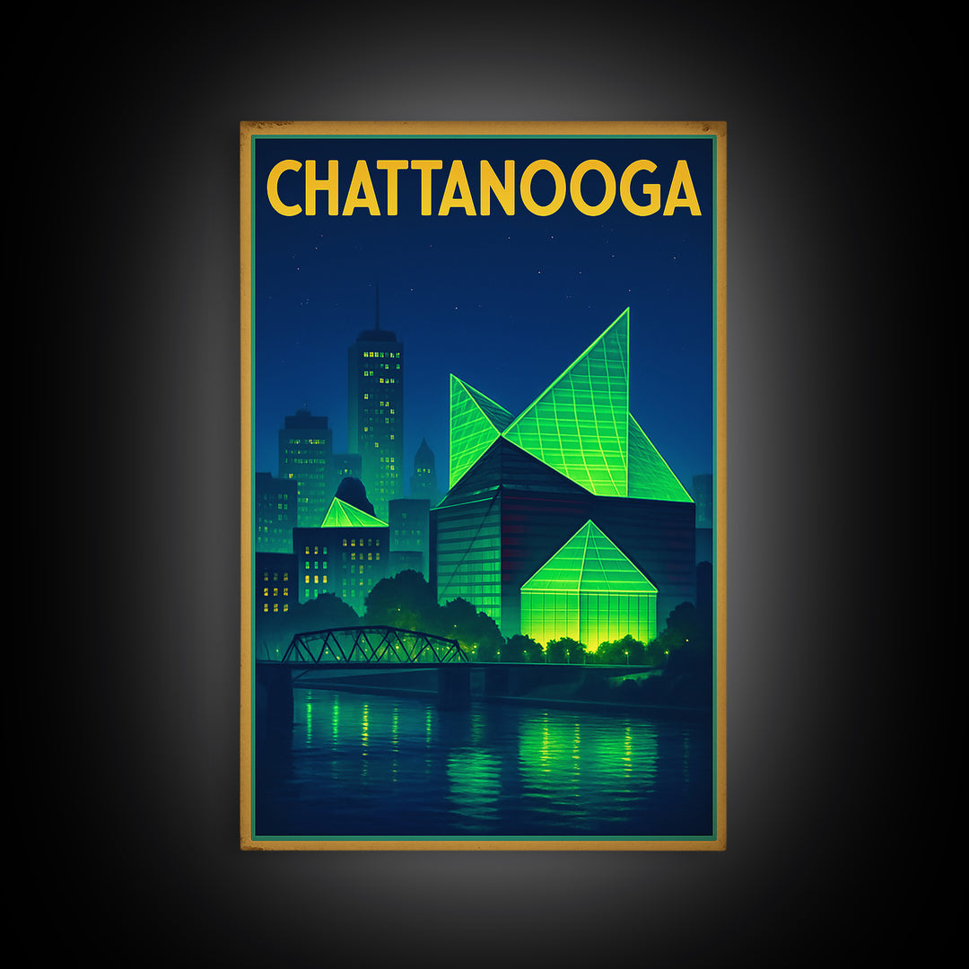 Chattanooga Travel Poster, Framed Canvas Print, Retro Neon Travel Art, Chattanooga City Art, Travel Wall Art, City Illustration