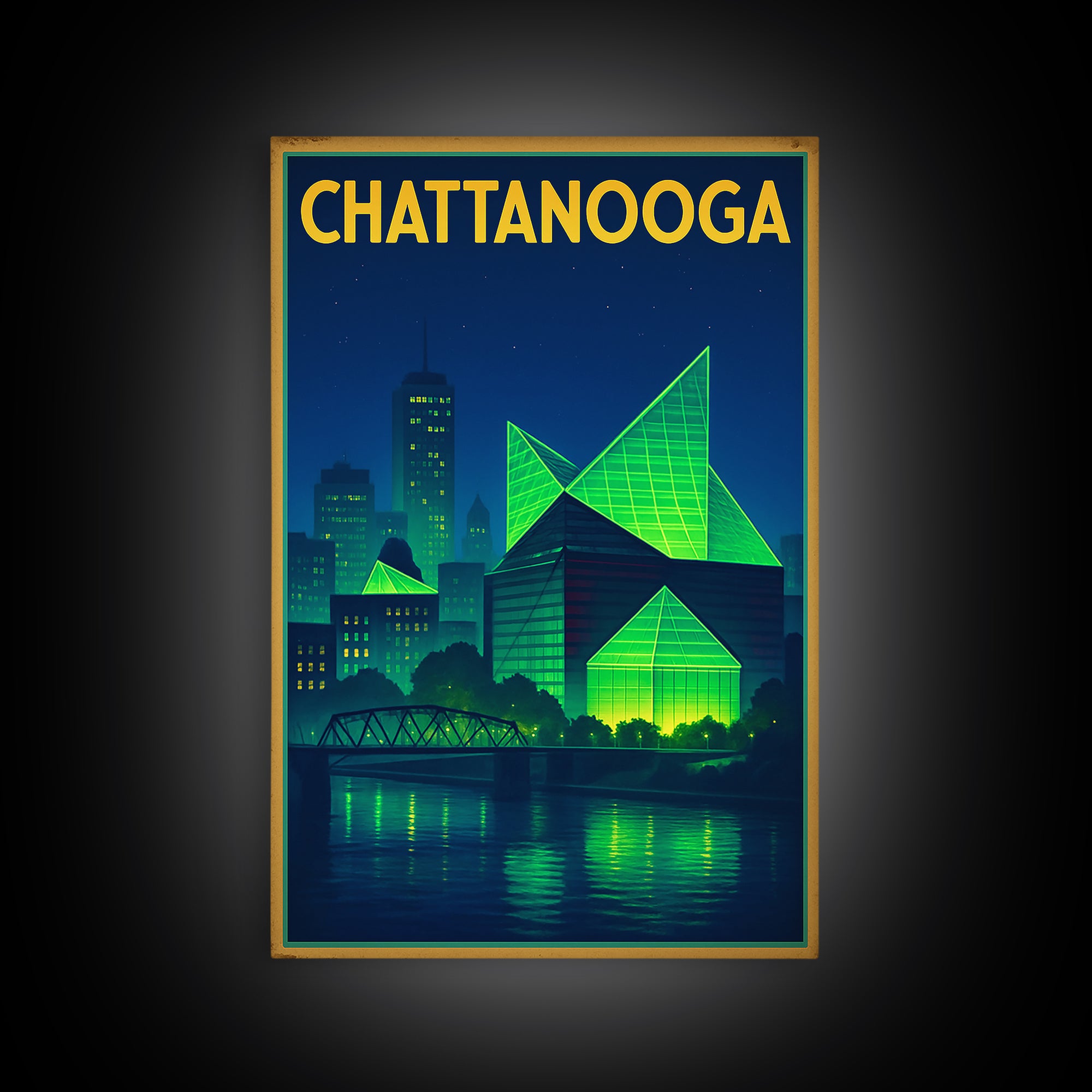 Chattanooga Travel Poster, Framed Canvas Print, Retro Neon Travel Art, Chattanooga City Art, Travel Wall Art, City Illustration