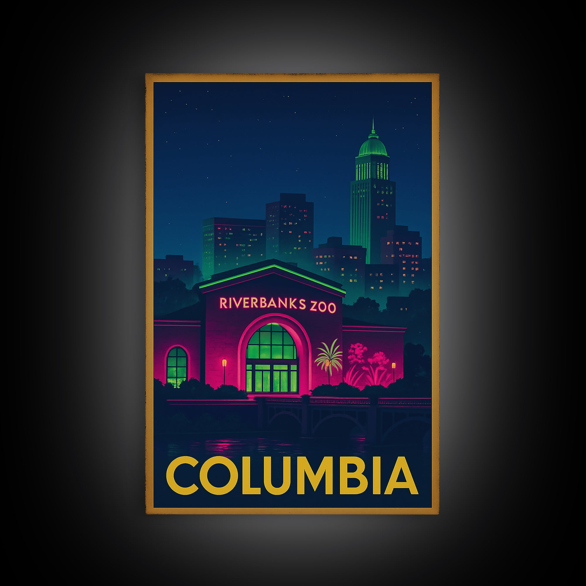 Columbia Travel Poster, Framed Canvas Print, Electric Night Poster Art, Columbia Travel Art, Travel Wall Decor, City Illustration