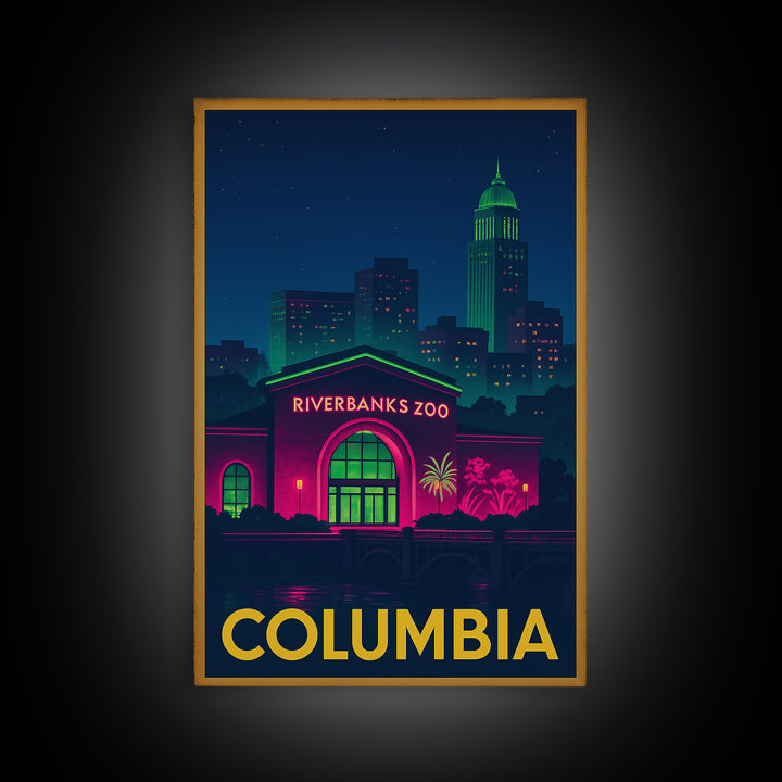 Columbia Travel Poster, Framed Canvas Print, Electric Night Poster Art, Columbia Travel Art, Travel Wall Decor, City Illustration