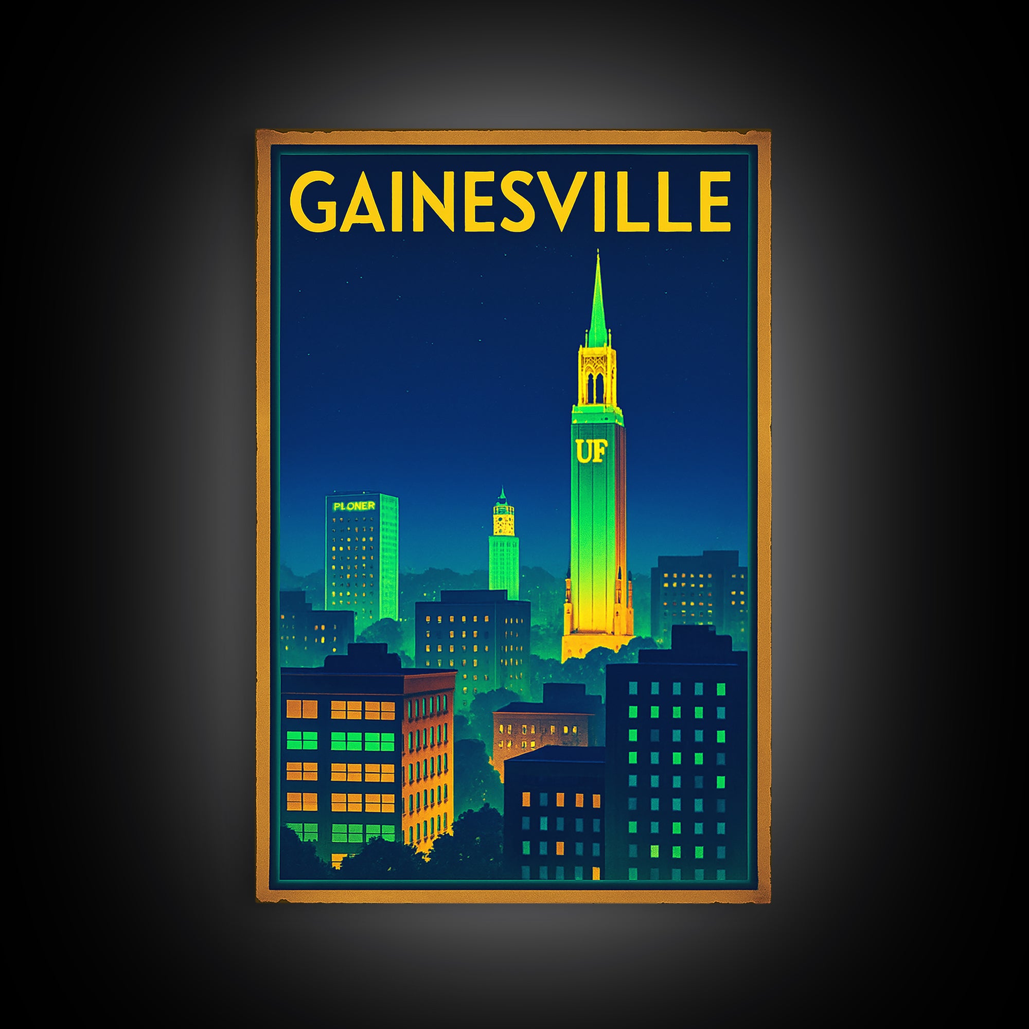 Gainesville Travel Poster, Canvas Print, Electric Night Poster Art, Gainesville Travel Art, Travel Wall Art, Watercolor Urban Skyline