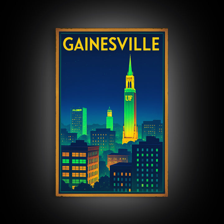 Gainesville Travel Poster, Canvas Print, Electric Night Poster Art, Gainesville Travel Art, Travel Wall Art, Watercolor Urban Skyline