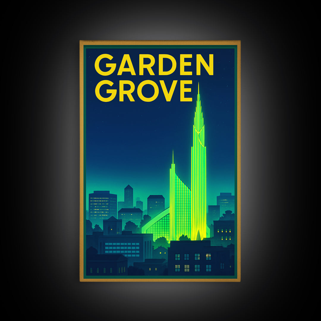 Garden Grove Travel Poster, Canvas Print, Electric Night Poster Art, Garden Grove Poster Print, Travel Wall Art, Wanderlust Decor