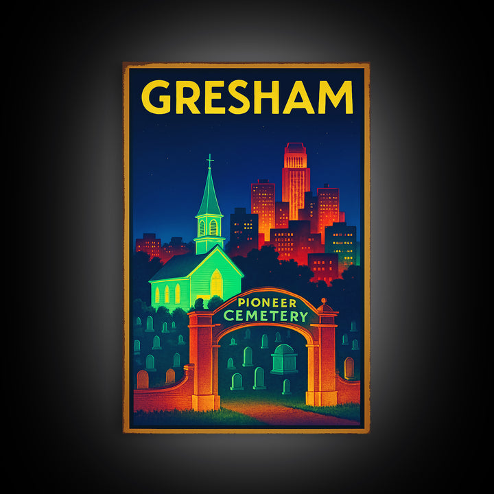 Gresham Travel Poster, Framed Canvas Print, Electric Night Poster Art, Gresham Poster Print, Vintage City Art, City Art Print, Design 2