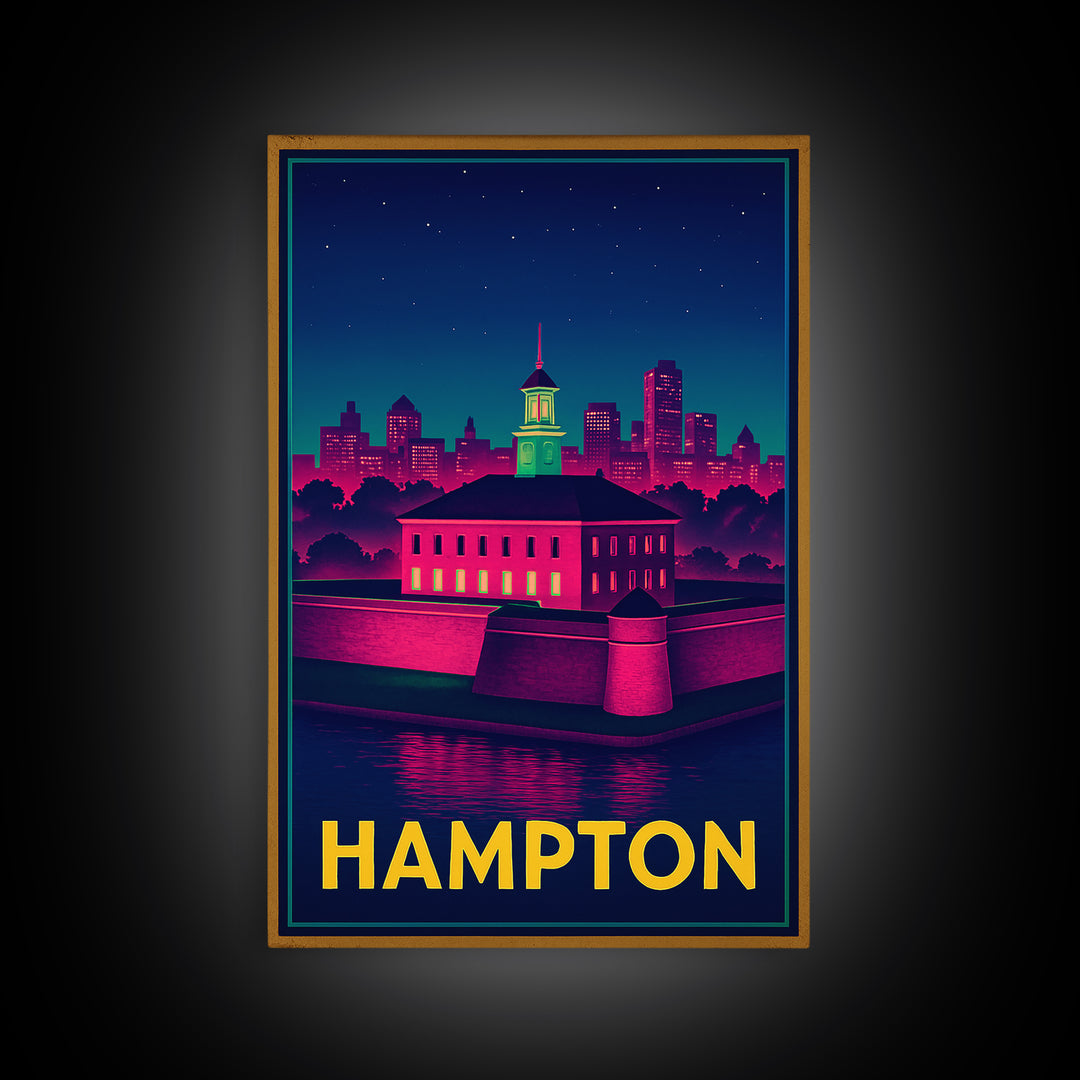 Hampton Virginia Travel Poster, Canvas Print, Retro Neon Travel Art, Hampton City Art, Travel Wall Art, Modern Wall Decor, Wall Art