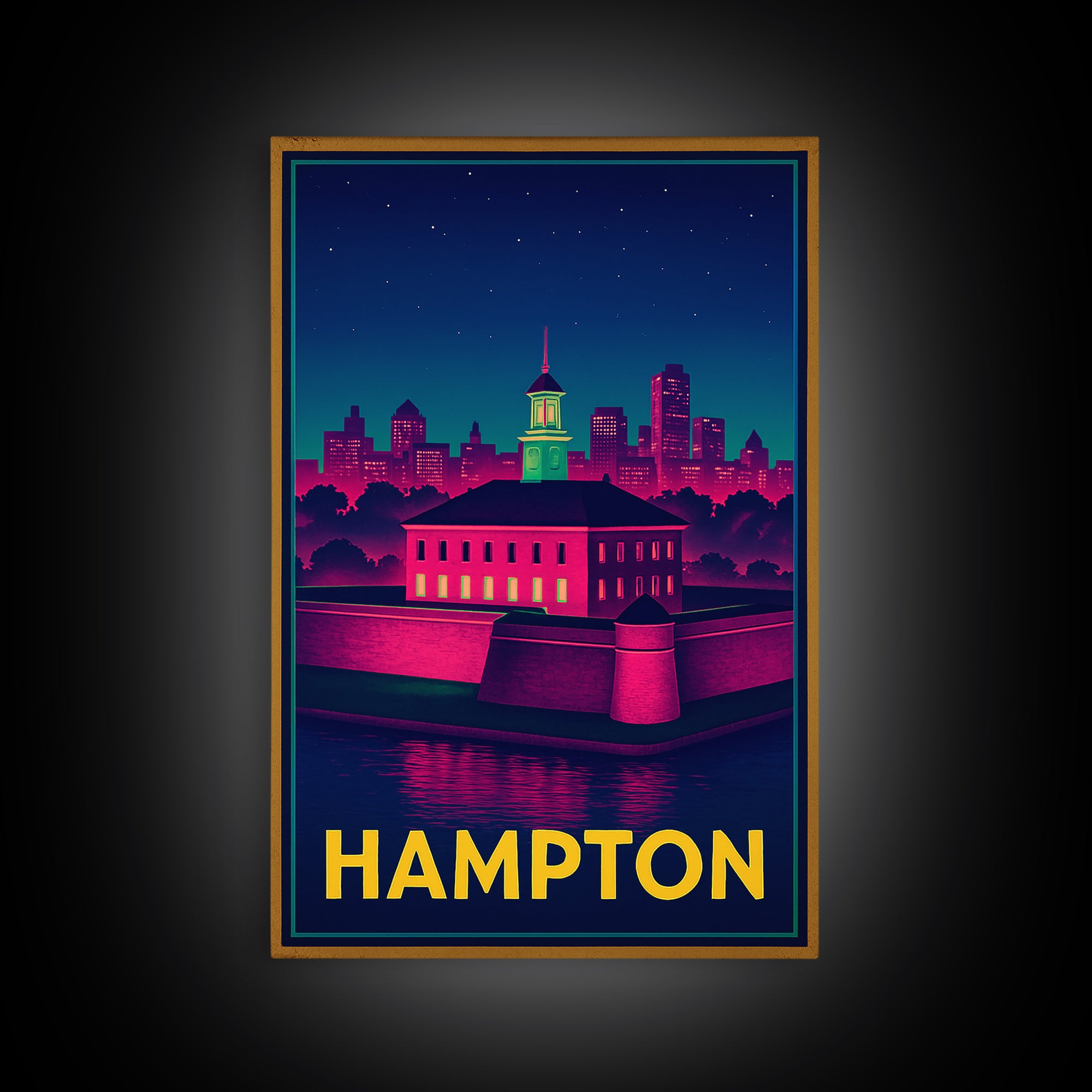 Hampton Virginia Travel Poster, Canvas Print, Retro Neon Travel Art, Hampton City Art, Travel Wall Art, Modern Wall Decor, Wall Art