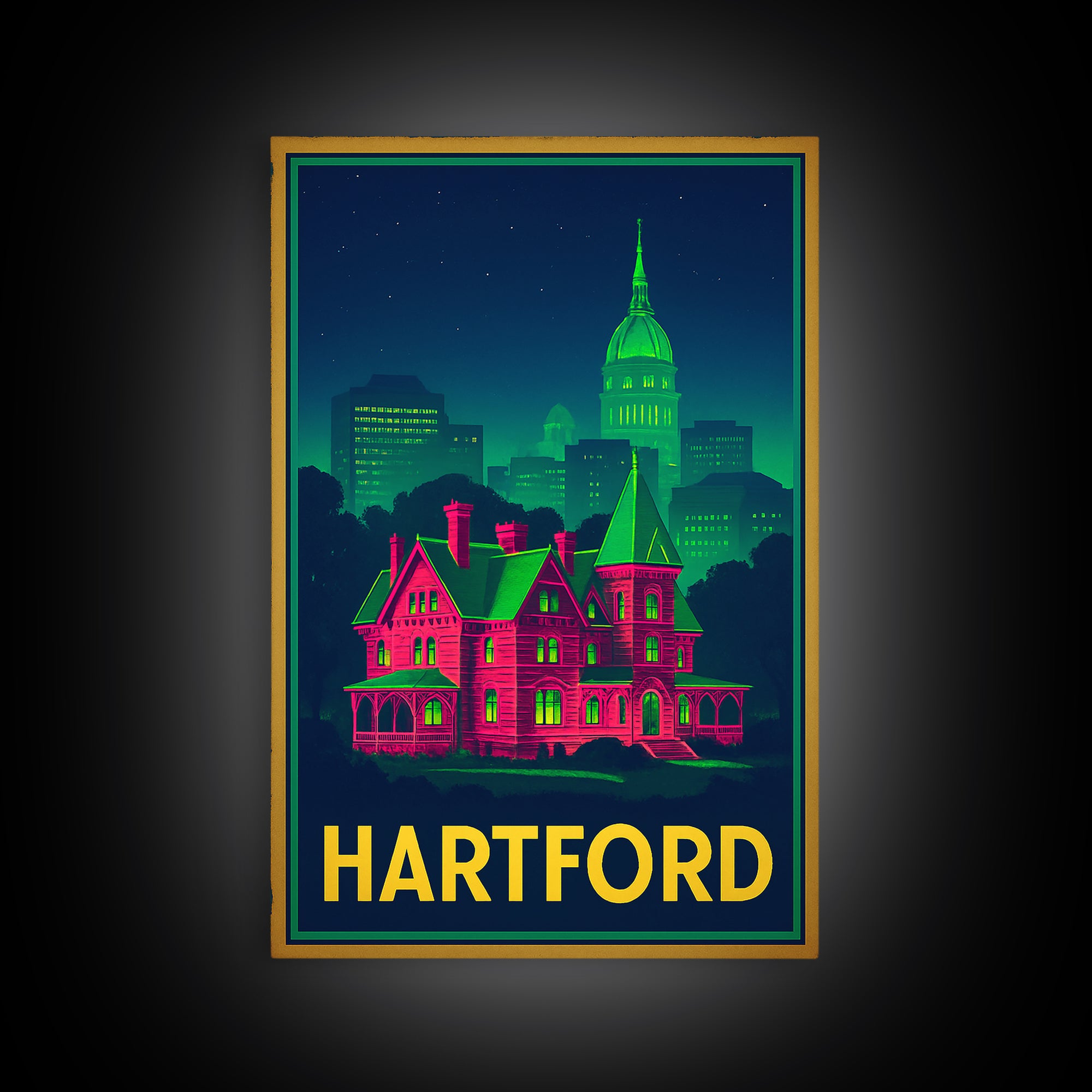 Hartford Connecticut Travel Poster, Canvas Print, Neon City Skyline Wall Art, Hartford Art Print, Wall Decor, Travel Art, Travel Print