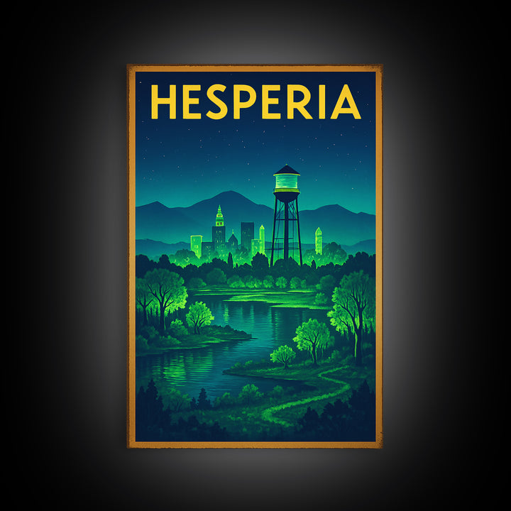 Hesperia Travel Poster, Framed Canvas Print, Electric Night Poster Art, Hesperia Travel Art, Vintage Travel Art, Living Room Wall Art