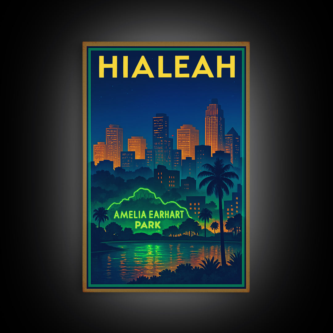 Hialeah Travel Poster, Canvas Print, Retro Neon Travel Art, Hialeah Wall Art, Wall Art, Watercolor Urban Skyline, Travel Art Print