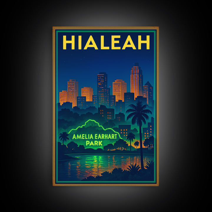 Hialeah Travel Poster, Canvas Print, Retro Neon Travel Art, Hialeah Wall Art, Wall Art, Watercolor Urban Skyline, Travel Art Print