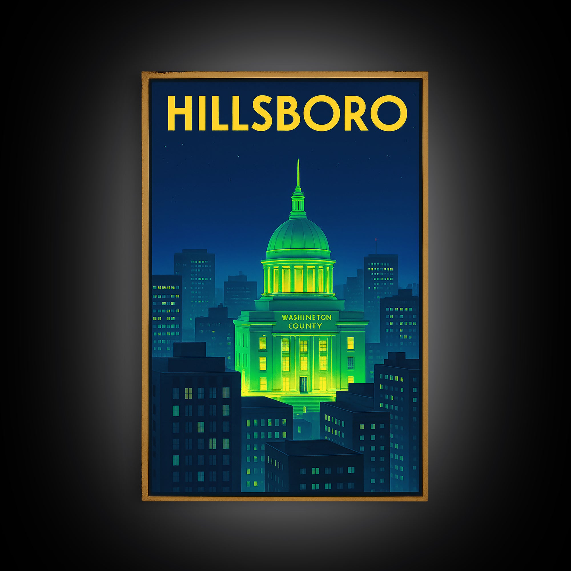 Hillsboro Travel Poster, Framed Canvas Print, Cyberpunk Style City Art, Hillsboro Travel Art, Vintage Travel Art, Fine Art Print