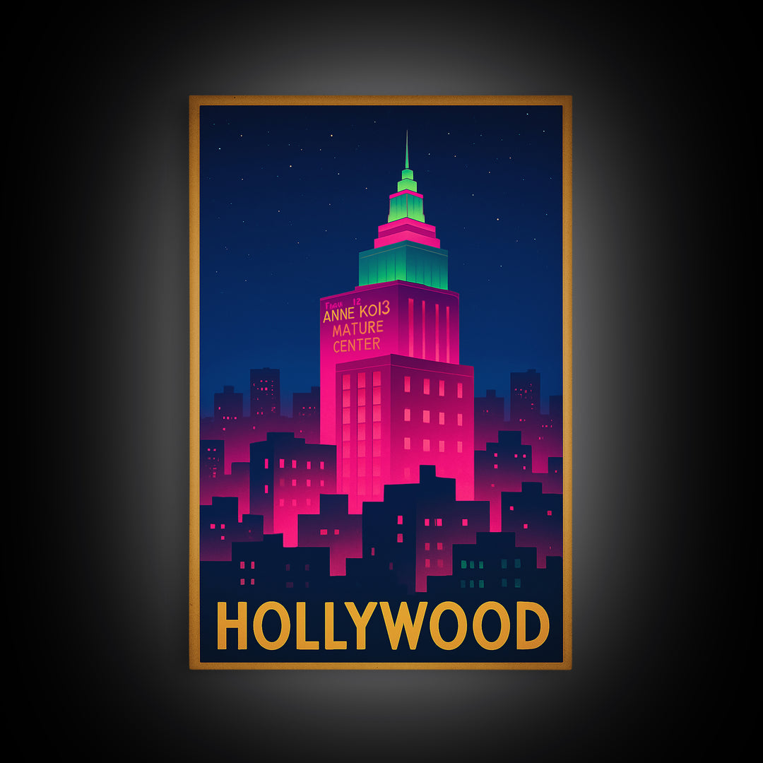 Hollywood Florida Travel Poster, Framed Canvas Print, Cyberpunk Style City Art, Hollywood Wall Art, Eclectic Wall Decor, Fine Art Print