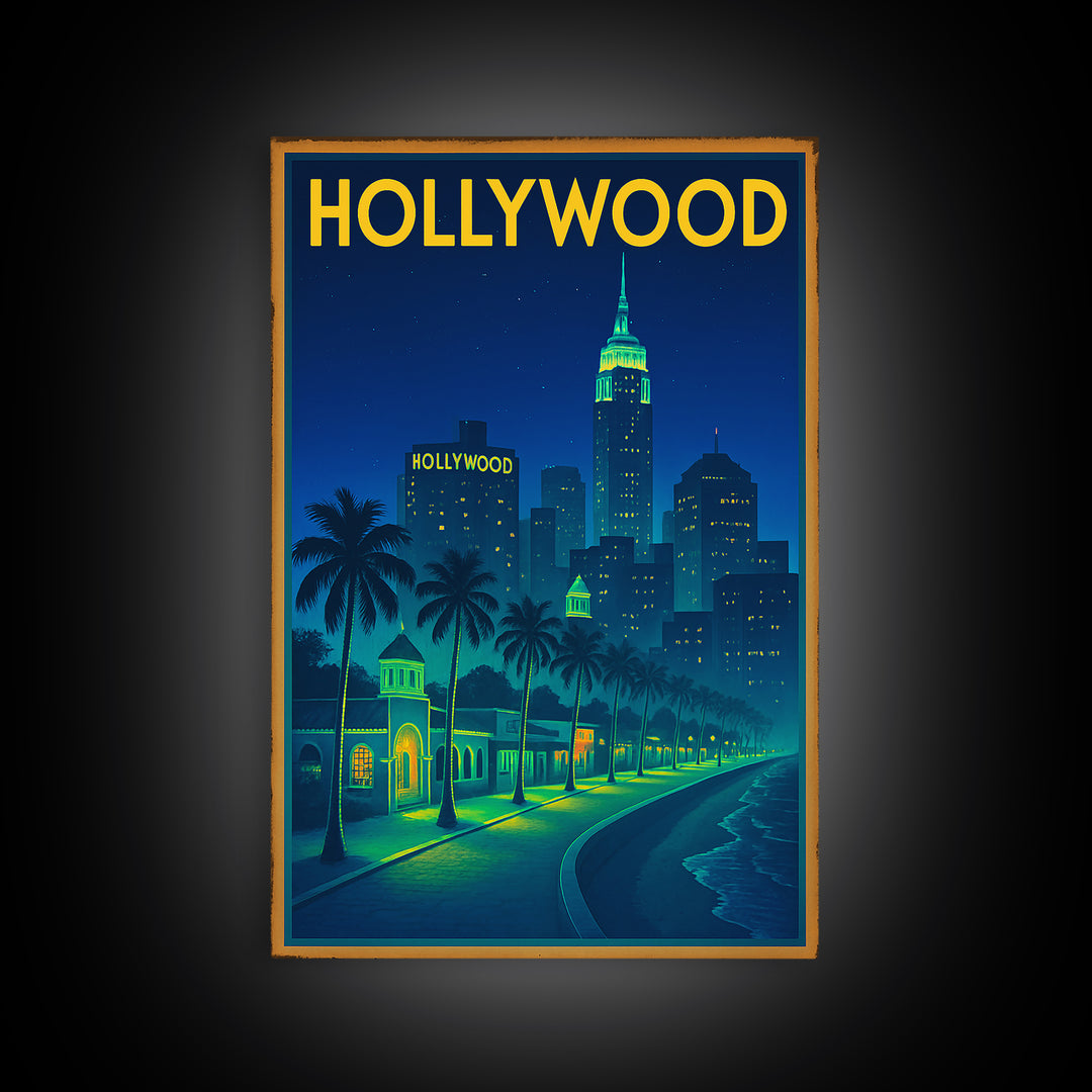 Hollywood Travel Poster, Canvas Print, Retro Neon Travel Art, Hollywood City Art, Travel Wall Art, Travel Wall Decor, City Art Print