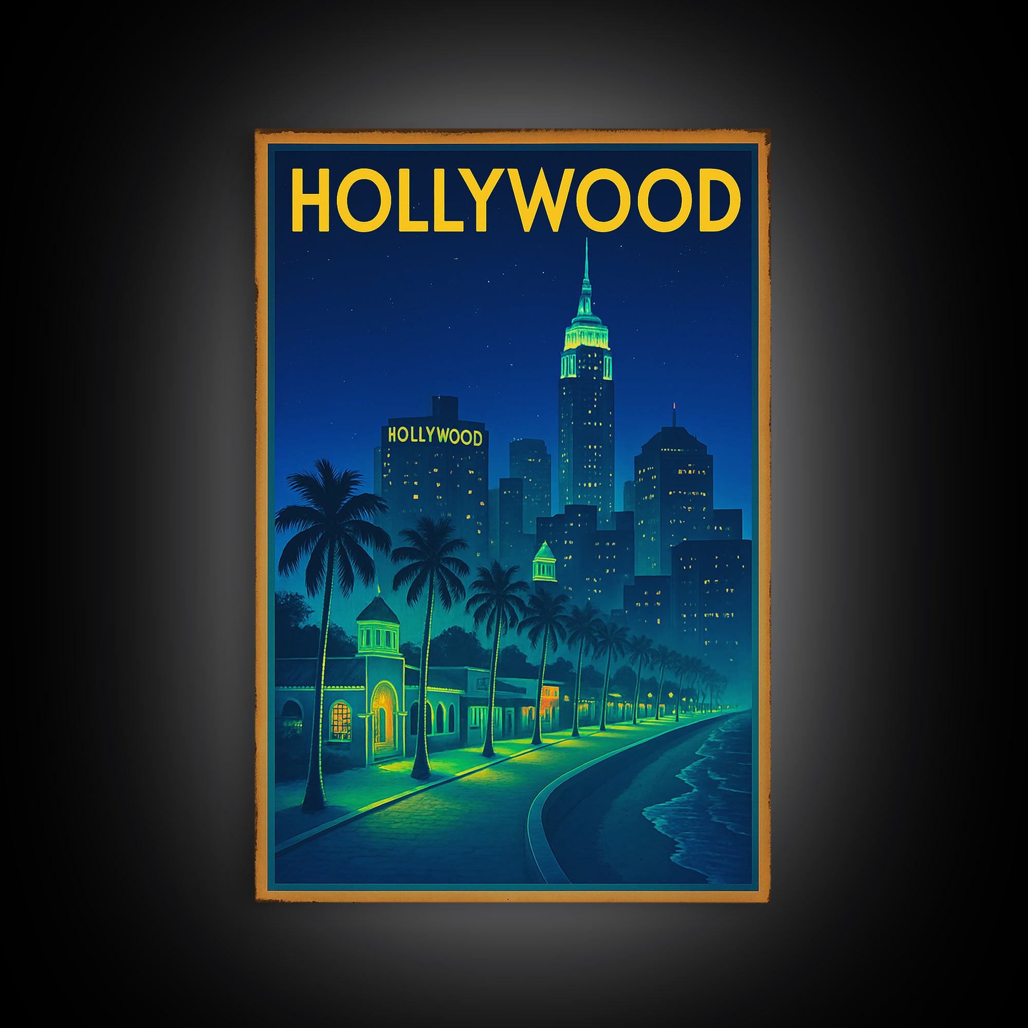 Hollywood Travel Poster, Canvas Print, Retro Neon Travel Art, Hollywood City Art, Travel Wall Art, Travel Wall Decor, City Art Print