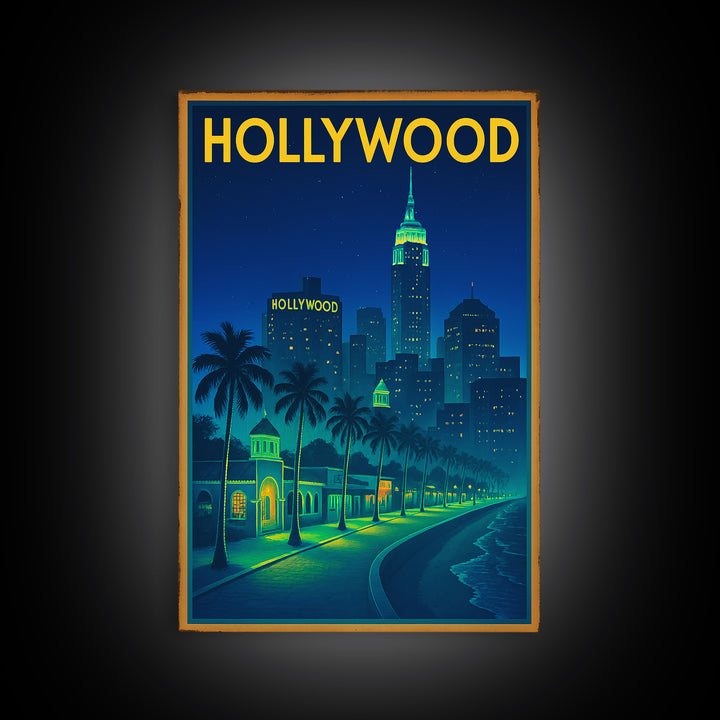 Hollywood Travel Poster, Canvas Print, Retro Neon Travel Art, Hollywood City Art, Travel Wall Art, Travel Wall Decor, City Art Print