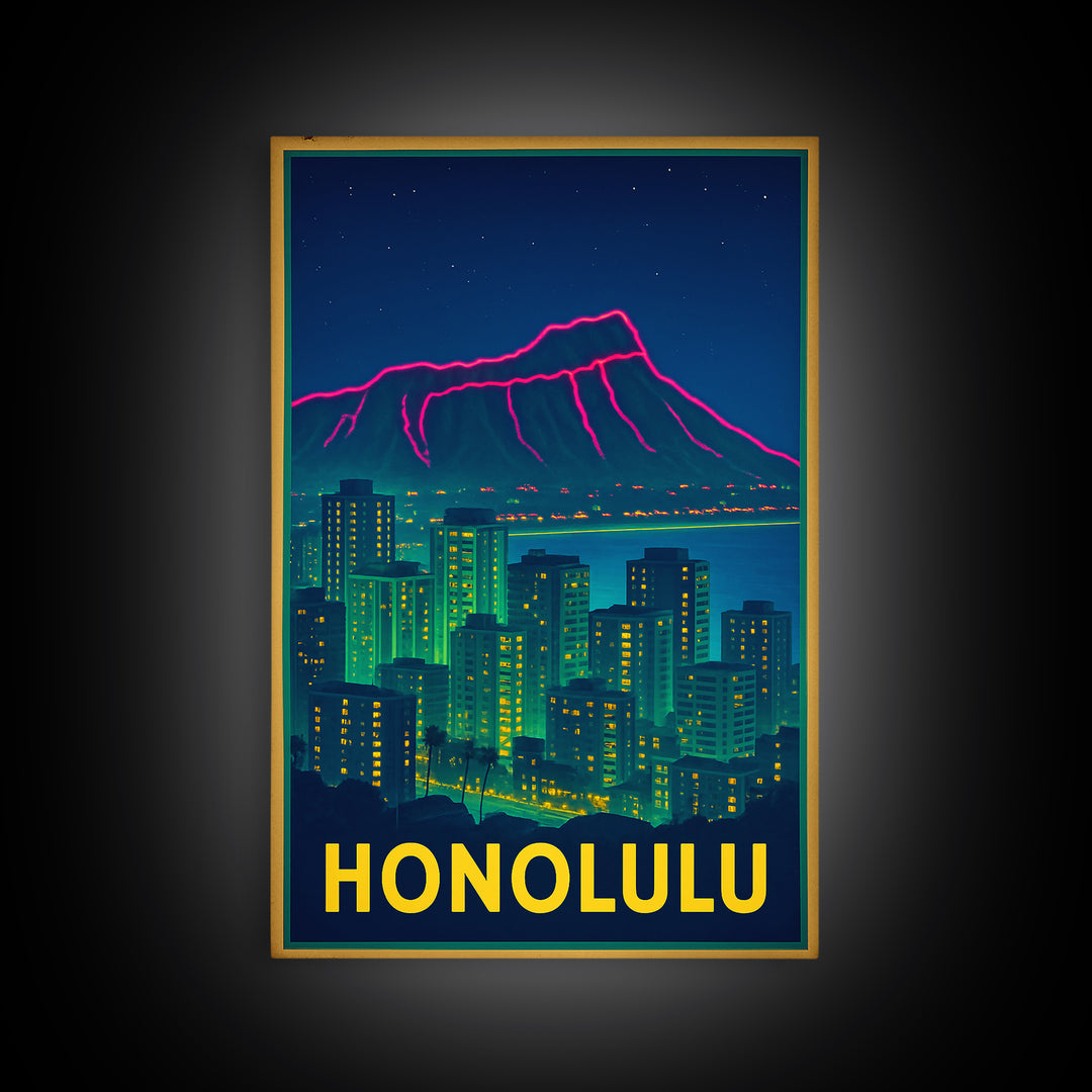 Honolulu Hawaii Travel Poster, Framed Canvas Print, Retro Neon Travel Art, Honolulu City Art, Living Room Wall Art, City Illustration