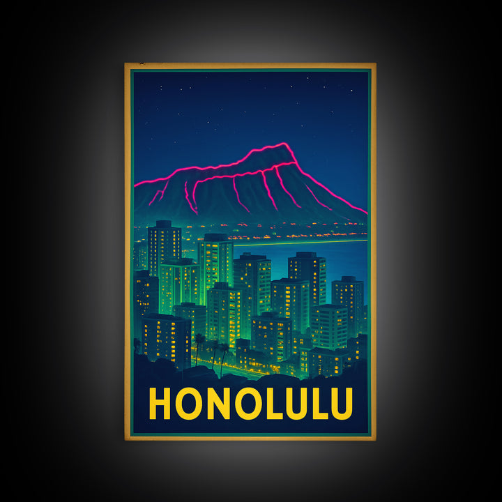 Honolulu Hawaii Travel Poster, Framed Canvas Print, Retro Neon Travel Art, Honolulu City Art, Living Room Wall Art, City Illustration