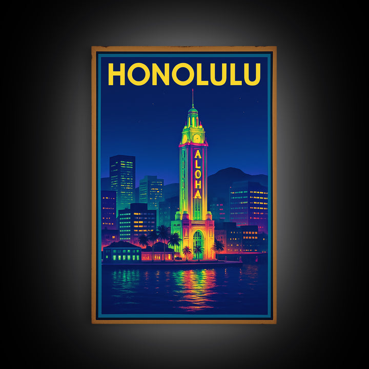 Honolulu Travel Poster, Framed Canvas Print, Neon Cityscape Wall Art, Honolulu Wall Art, City Illustration, Vintage City Art, Art Print