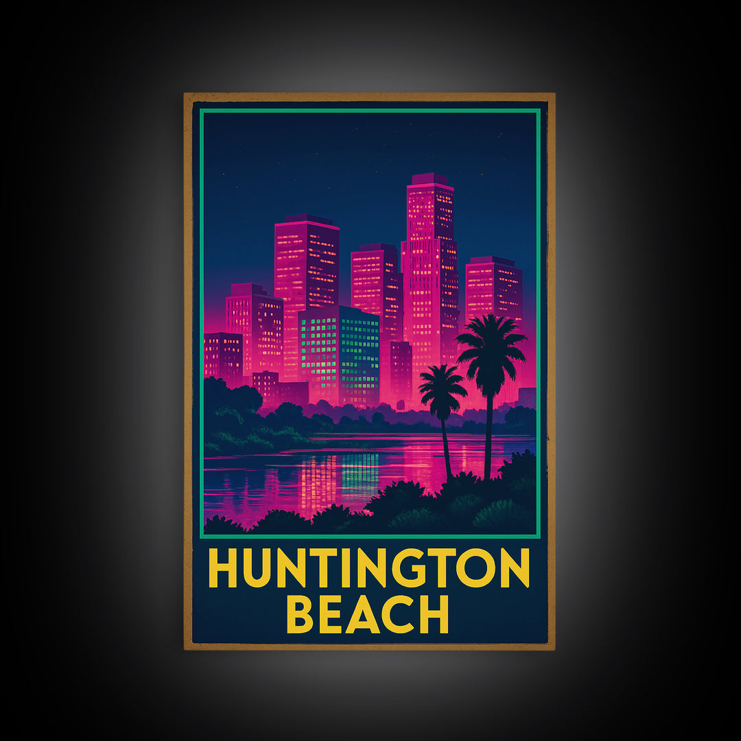 Huntington Beach California Travel Poster, Canvas Print, Electric Night Poster Art, Huntington Beach Travel Art, Office Decor