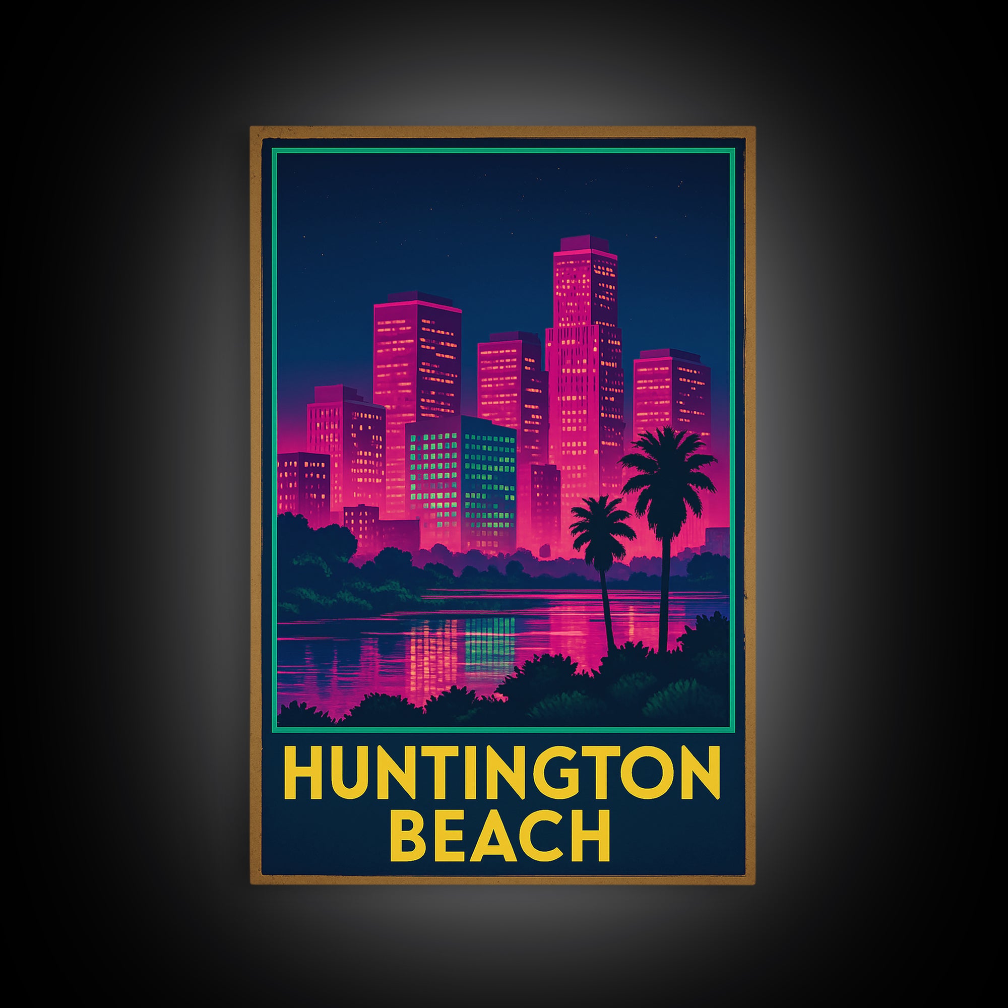 Huntington Beach California Travel Poster, Canvas Print, Electric Night Poster Art, Huntington Beach Travel Art, Office Decor