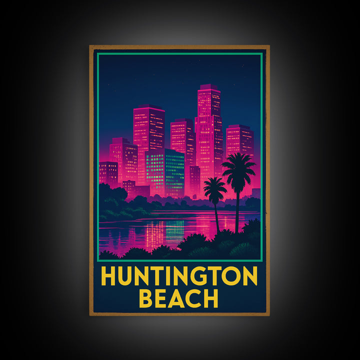 Huntington Beach California Travel Poster, Canvas Print, Electric Night Poster Art, Huntington Beach Travel Art, Office Decor