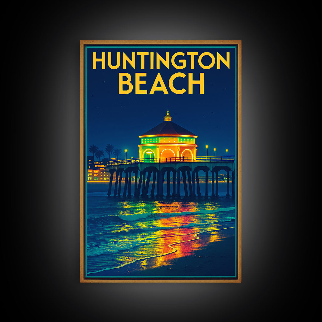Huntington Beach Travel Poster, Framed Canvas Print, Neon City Skyline Wall Art, Huntington Beach Art Print, Vintage City Poster, Design 2