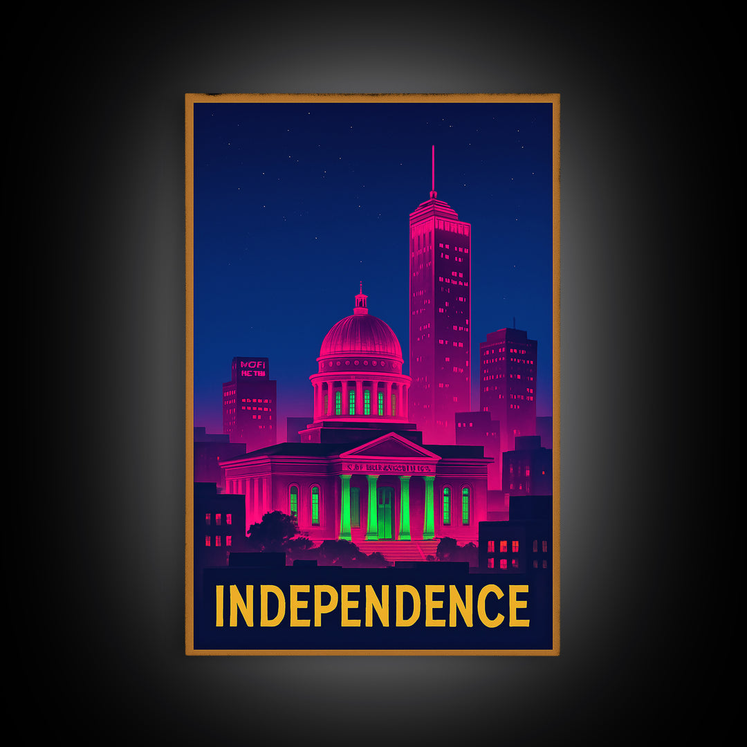Independence Missouri Travel Poster, Canvas Print, Electric Night Poster Art, Independence Art Print, City Illustration, Home Office Decor