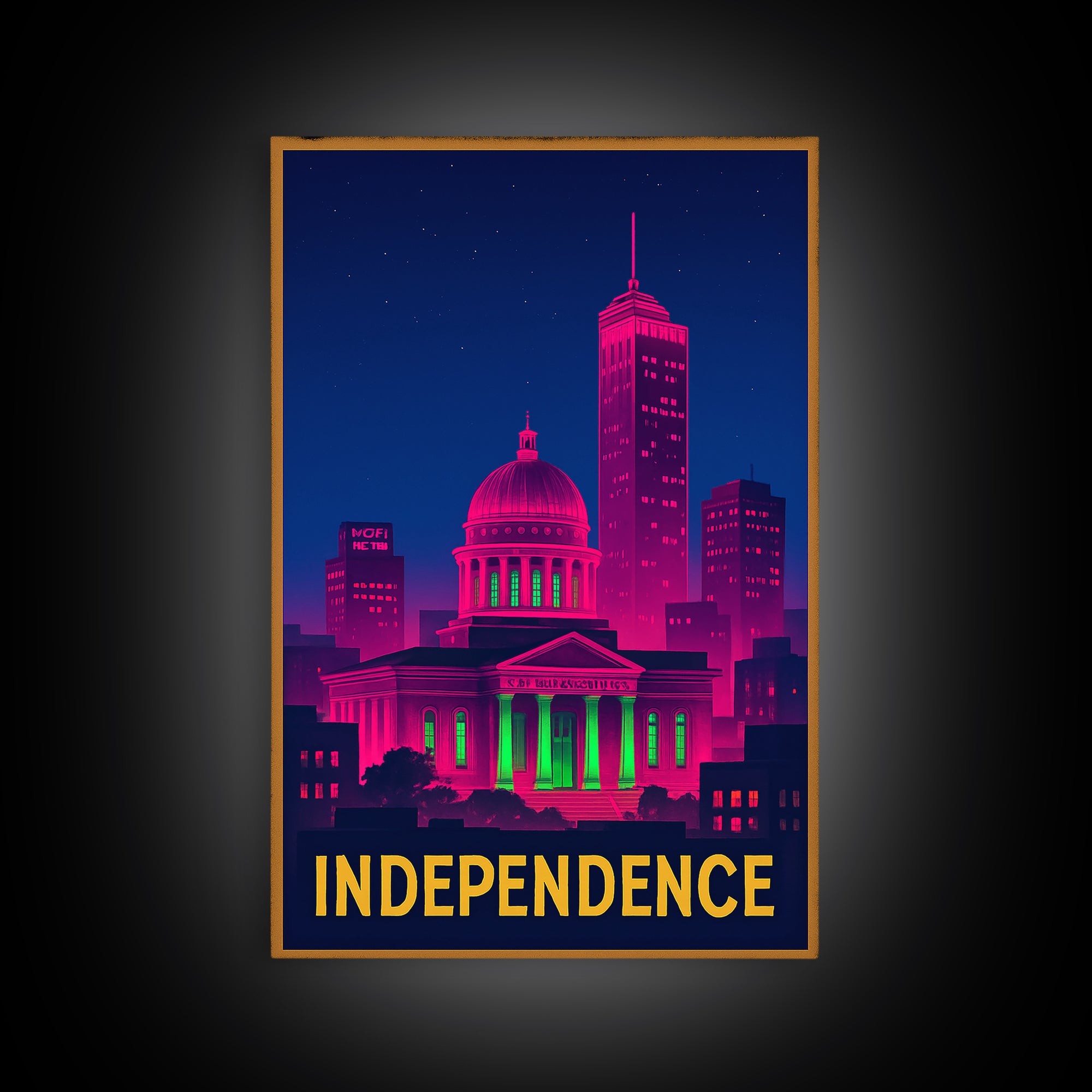 Independence Missouri Travel Poster, Canvas Print, Electric Night Poster Art, Independence Art Print, City Illustration, Home Office Decor