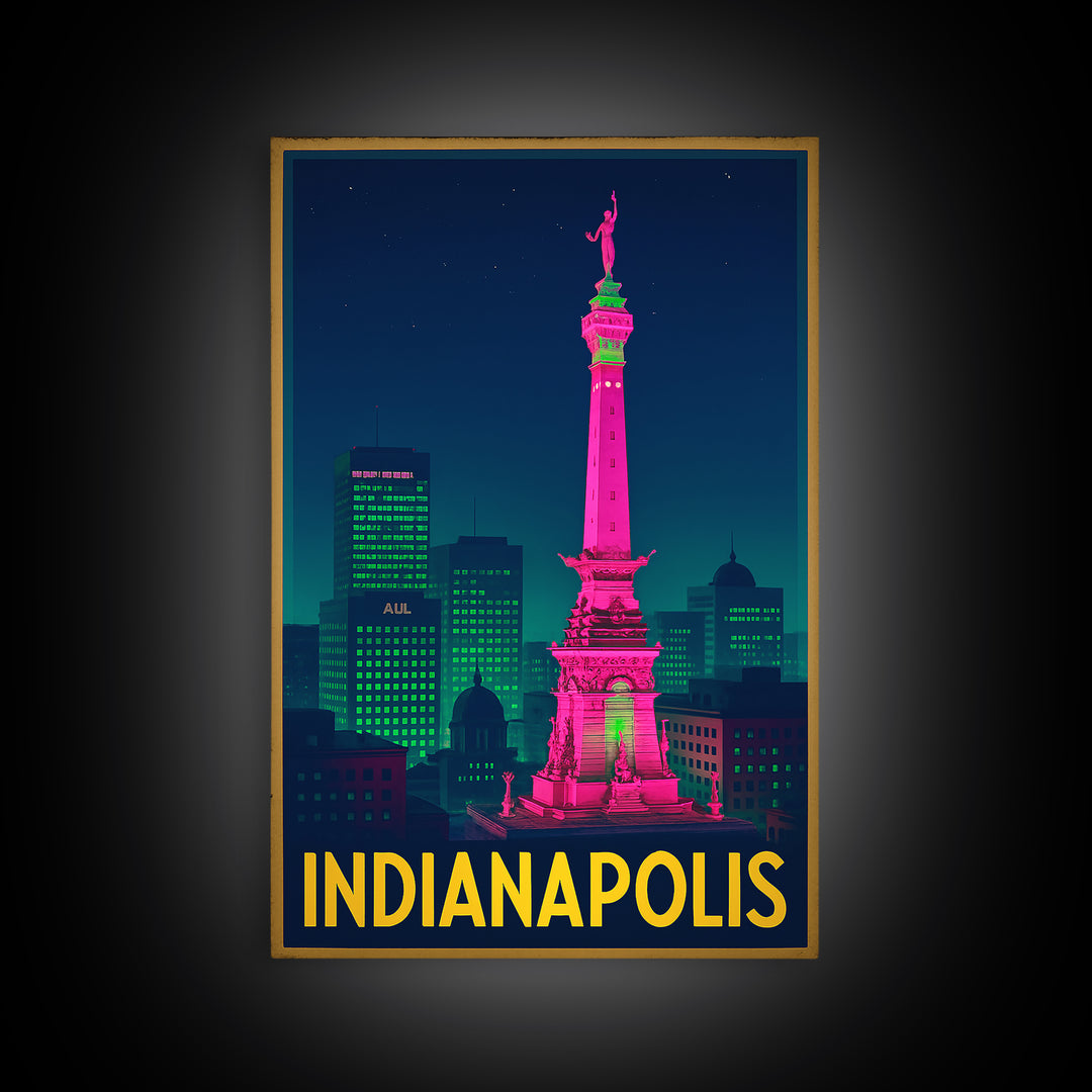 Indianapolis Indiana Travel Poster, Canvas Print, Neon Skyline Art Wall Art, Indianapolis Poster Print, Vintage Travel Print, City Art Print