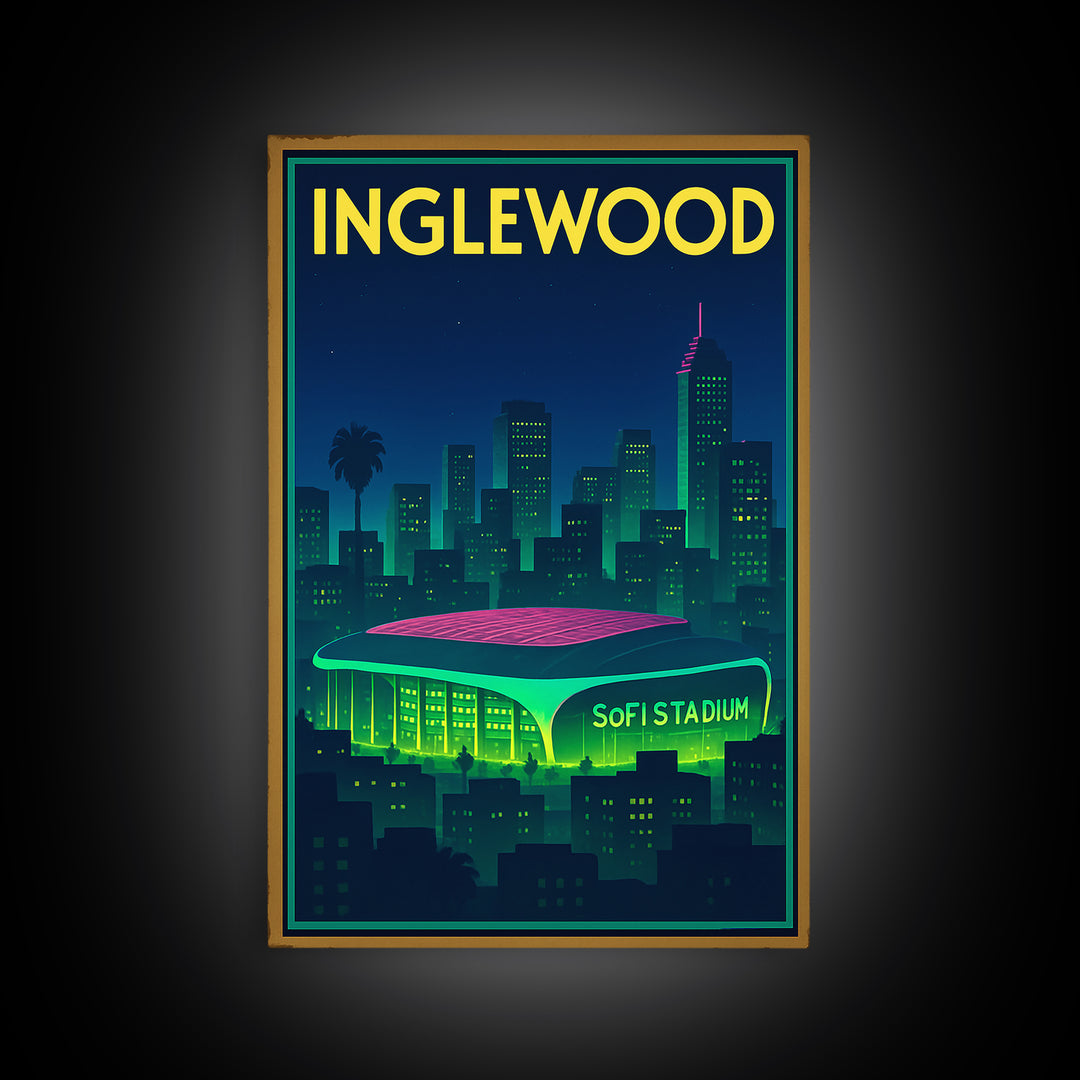 Inglewood Travel Poster, Framed Canvas Print, Cyberpunk Style City Art, Inglewood Travel Art, Vintage City Poster, Vintage Travel Art