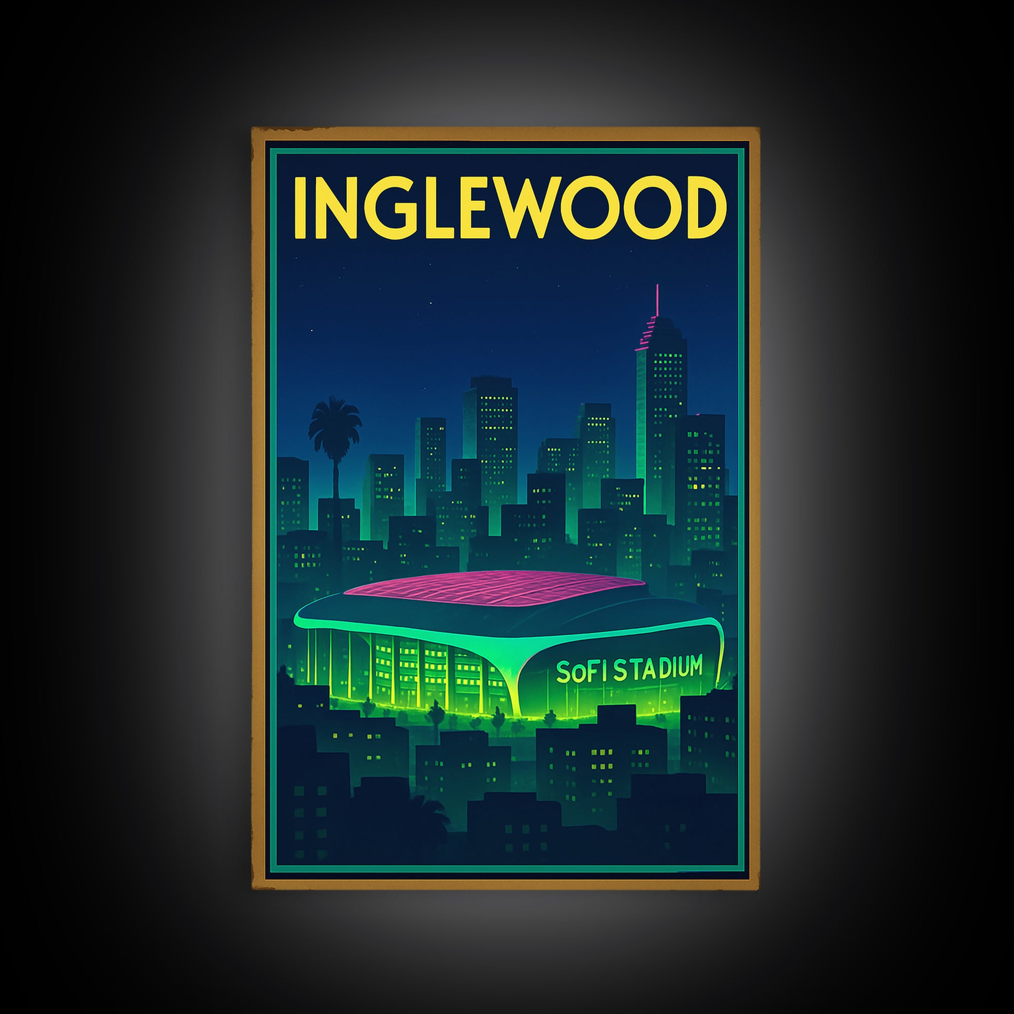 Inglewood Travel Poster, Framed Canvas Print, Cyberpunk Style City Art, Inglewood Travel Art, Vintage City Poster, Vintage Travel Art