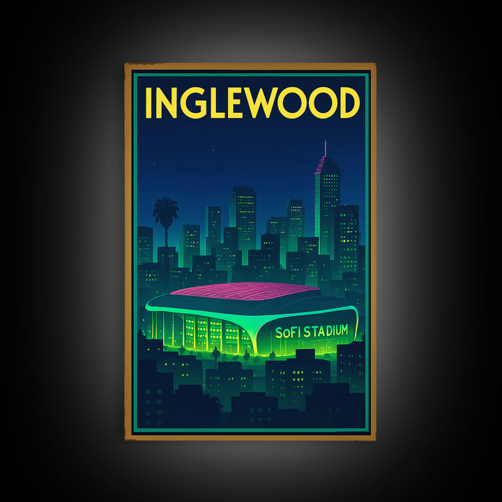 Inglewood Travel Poster, Framed Canvas Print, Cyberpunk Style City Art, Inglewood Travel Art, Vintage City Poster, Vintage Travel Art
