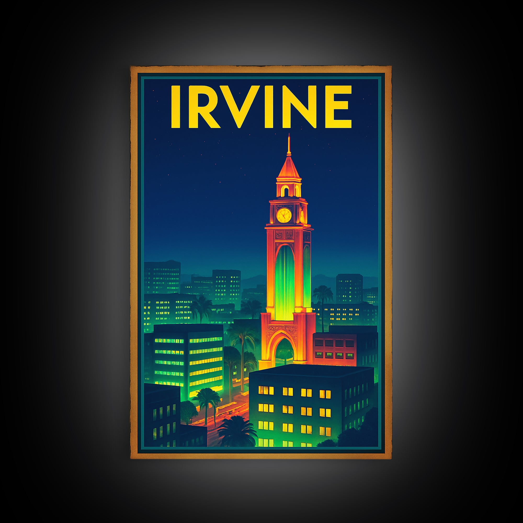 Irvine Travel Poster, Canvas Print, Retro Neon Travel Art, Irvine Art Print, Mid Century Wall Art, Vintage City Poster, Living Room Wall Art