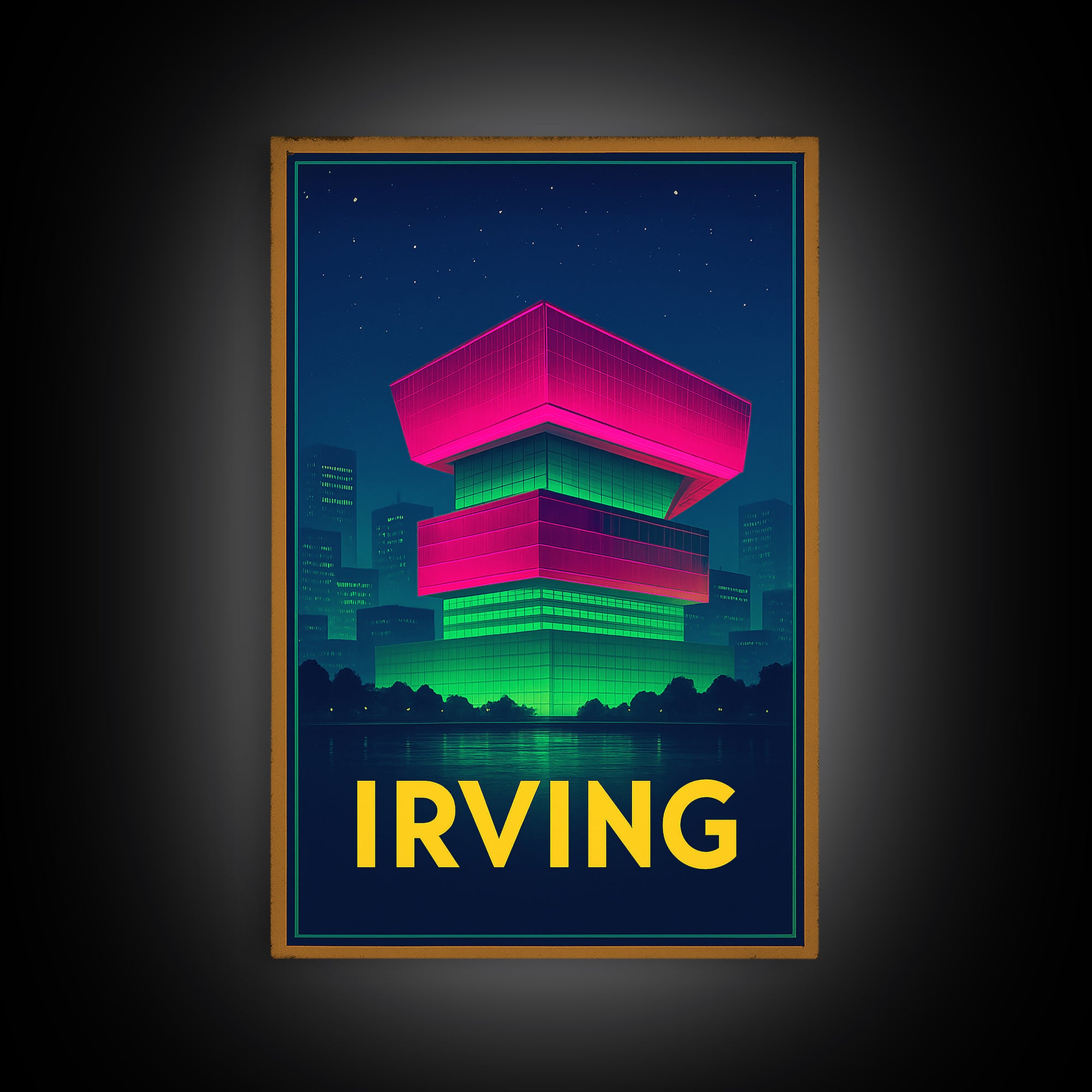 Irving Texas Travel Poster, Framed Canvas Print, Cyberpunk Style City Art, Irving Poster Print, Watercolor Skyline Art, Travel Art Print