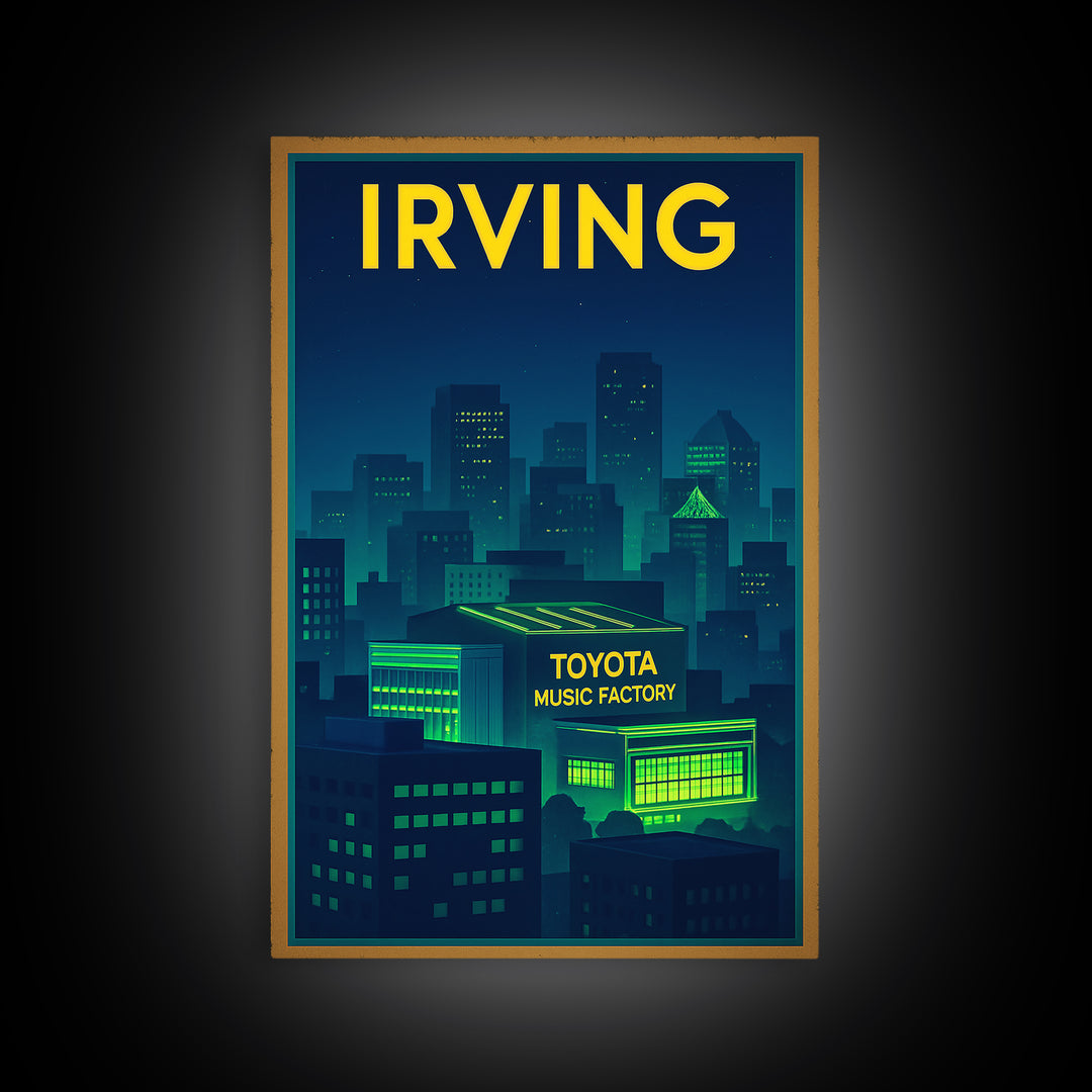 Irving Travel Poster, Framed Canvas Print, Cyberpunk Style City Art, Irving Poster Print, Living Room Wall Art, Vintage City Art