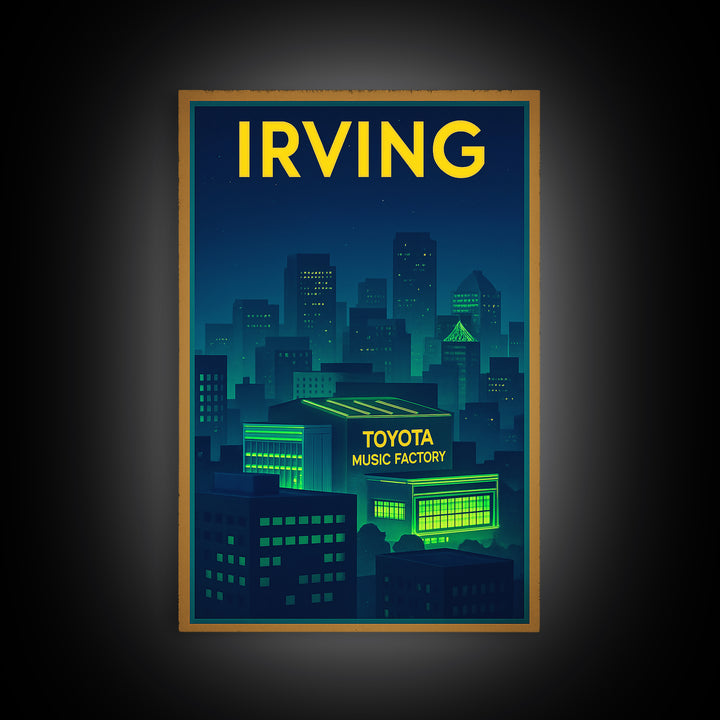 Irving Travel Poster, Framed Canvas Print, Cyberpunk Style City Art, Irving Poster Print, Living Room Wall Art, Vintage City Art