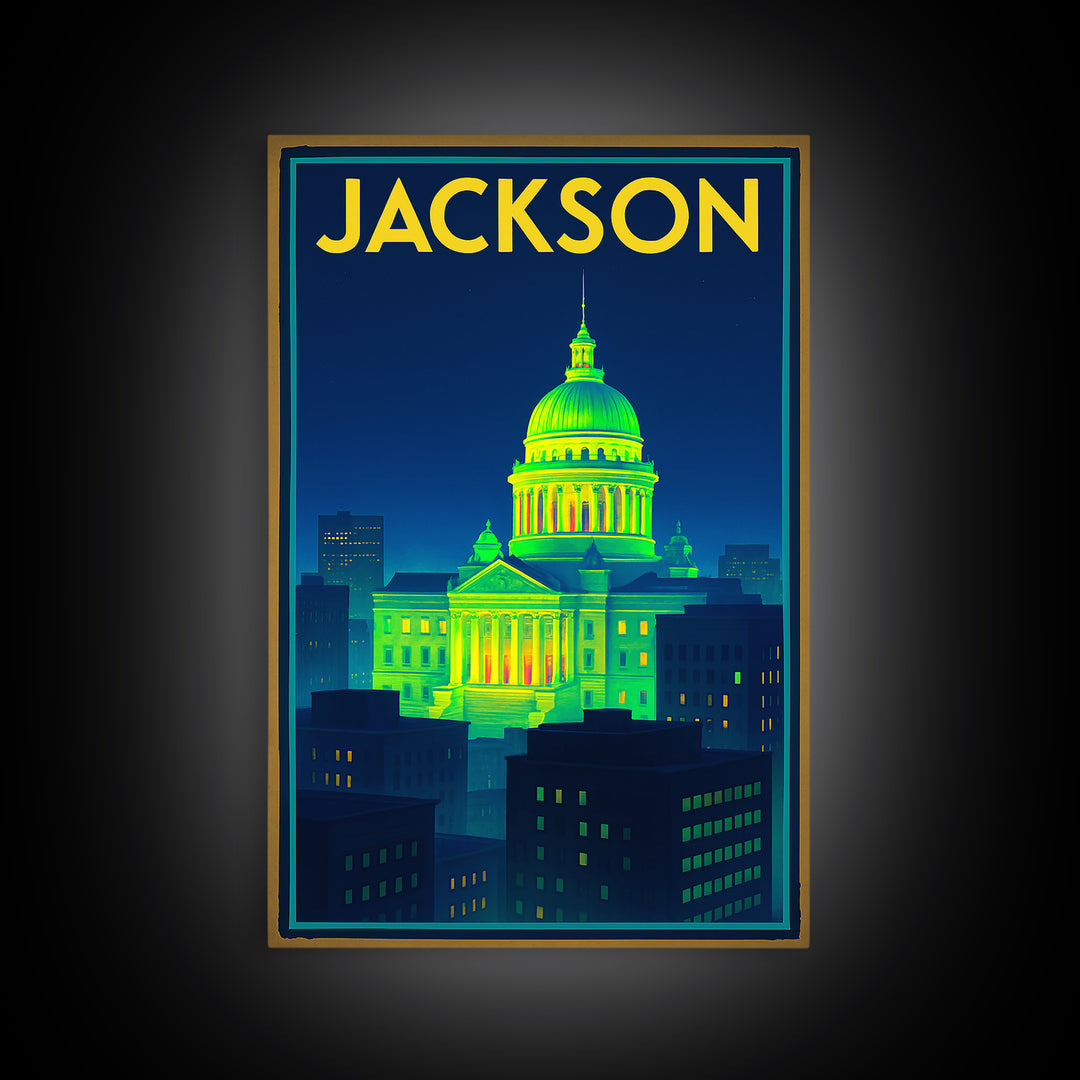 Jackson Travel Poster, Canvas Print, Retro Neon Travel Art, Jackson Wall Art, City Travel Prints, Vintage Travel Print, City Illustration