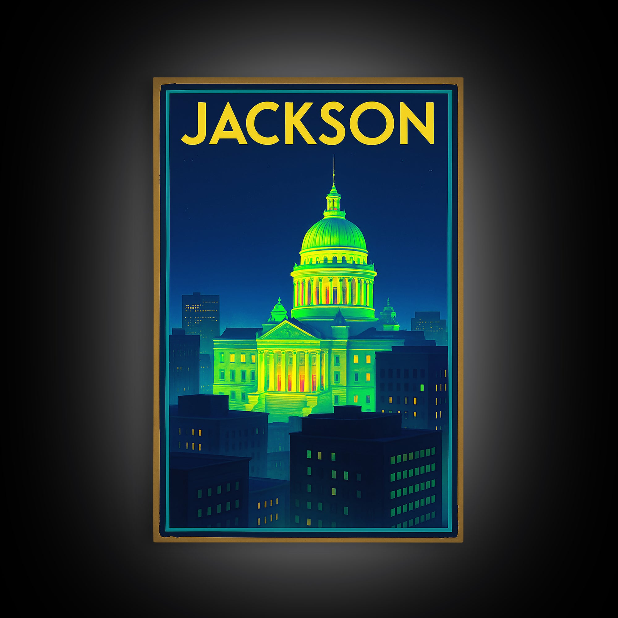 Jackson Travel Poster, Canvas Print, Retro Neon Travel Art, Jackson Wall Art, City Travel Prints, Vintage Travel Print, City Illustration