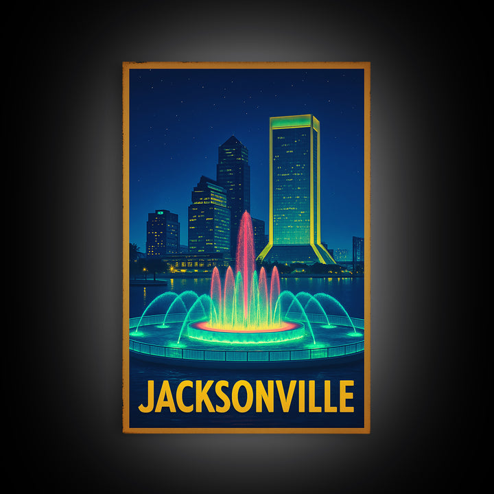 Jacksonville Florida Travel Poster, Canvas Print, Neon Skyline Art Wall Art, Jacksonville Poster Print, Vintage Travel Art, City Art Print