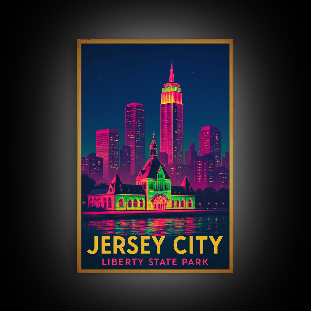 Jersey City New Jersey Travel Poster, Framed Canvas Print, Retro Neon Travel Art, Jersey City City Art, Vintage Travel Art, City Art Print