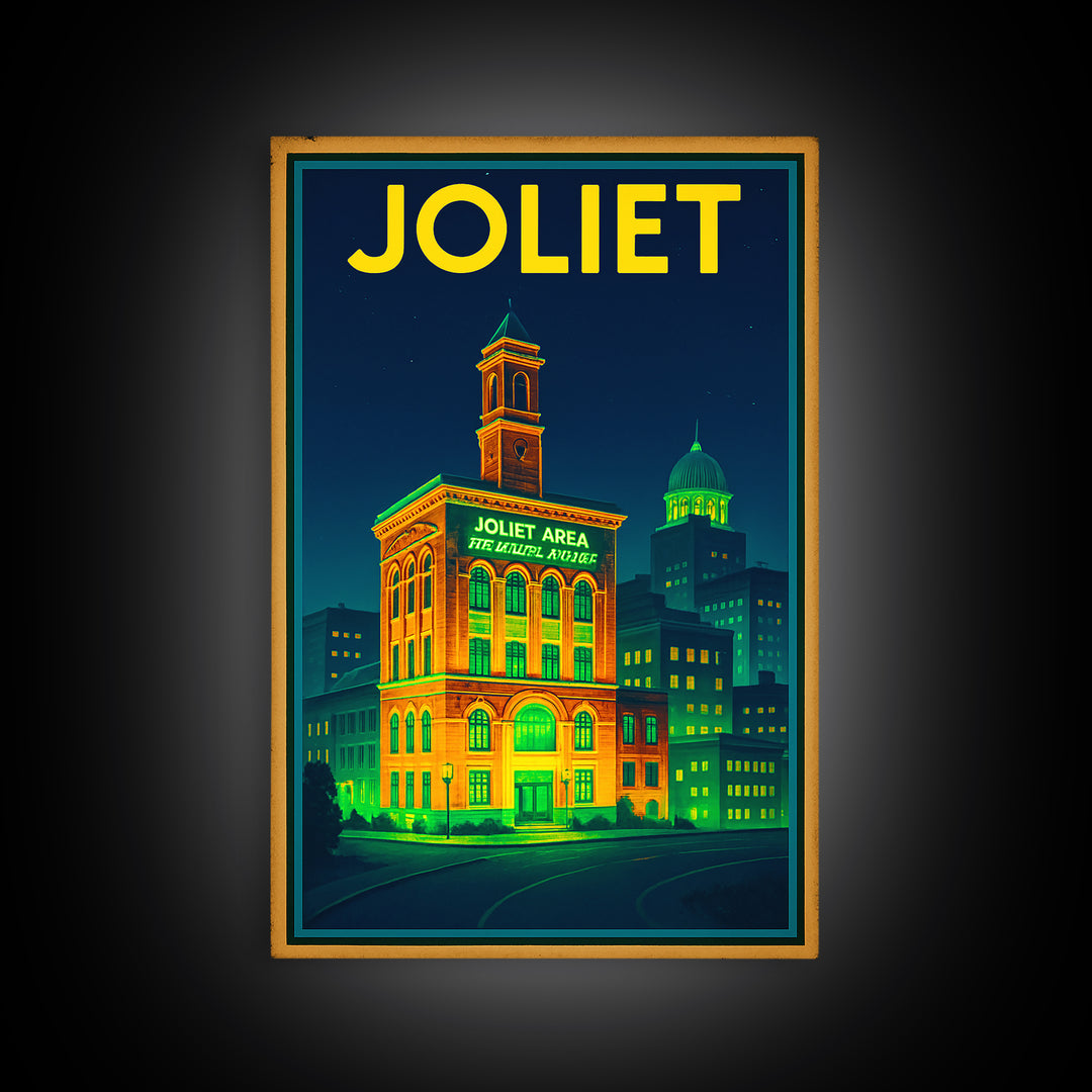 Joliet Travel Poster, Canvas Print, Electric Night Poster Art, Joliet Poster Print, Travel Wall Art, Vintage City Poster, Retro Travel Print