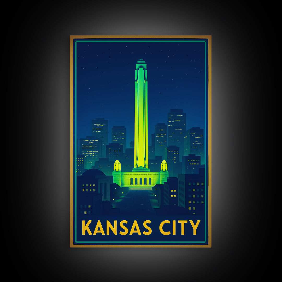 Kansas City Missouri Travel Poster, Canvas Print, Neon Cityscape Wall Art, Kansas City Travel Art, Vintage Travel Art, Vintage City Poster