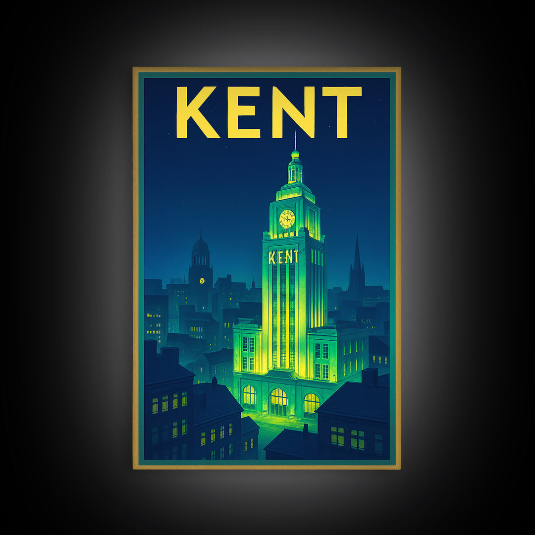 Kent Travel Poster, Canvas Print, Neon City Skyline Wall Art, Kent Poster Print, Retro Travel Print, Mid Century Wall Art, Home Office Decor