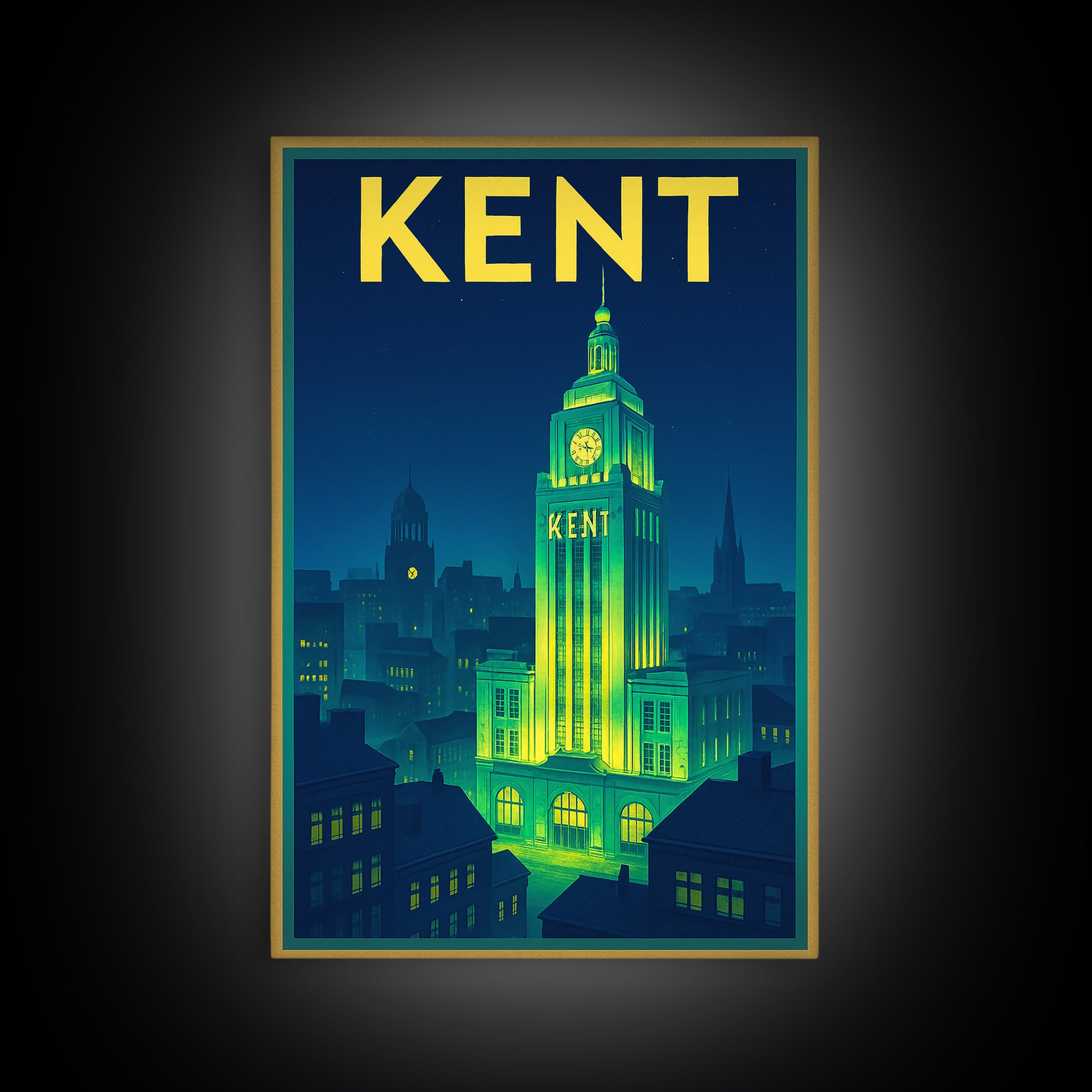 Kent Travel Poster, Canvas Print, Neon City Skyline Wall Art, Kent Poster Print, Retro Travel Print, Mid Century Wall Art, Home Office Decor