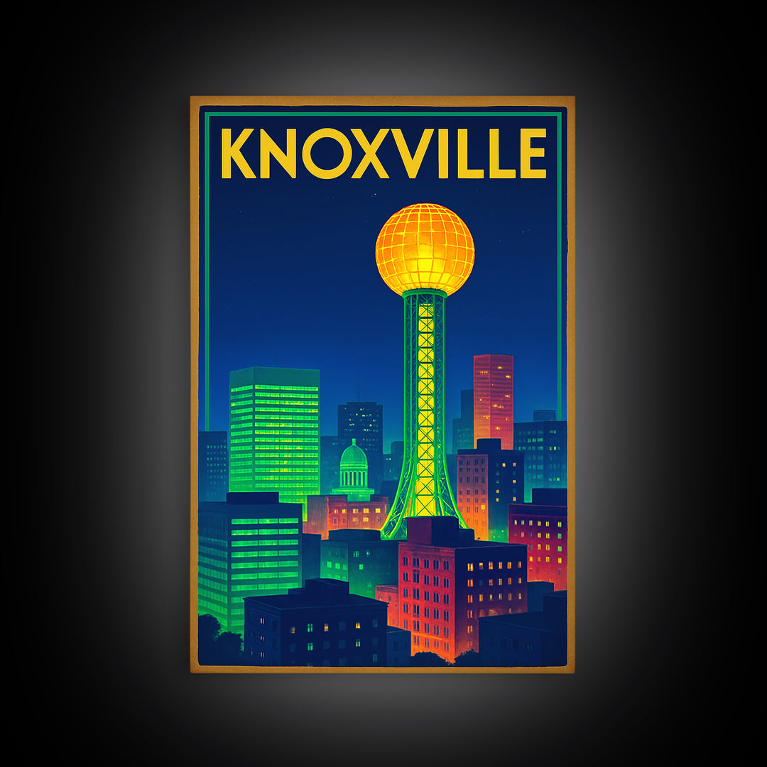 Knoxville Travel Poster, Framed Canvas Print, Retro Neon Travel Art, Knoxville Art Print, Retro Travel Print, Travel Wall Art, Design 2